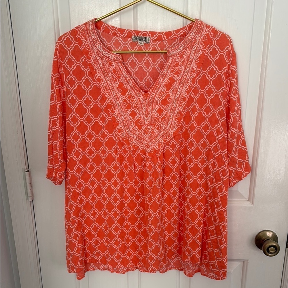Coral BoHo embroidered front tunic top, geometric design, lightweight & flowy